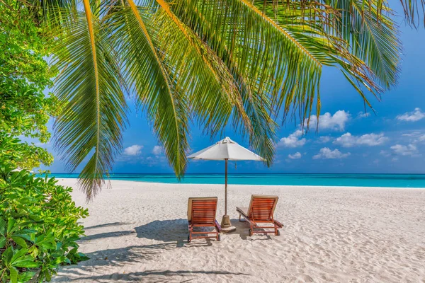 熱帯モルディブのビーチにある空の椅子と傘 — ストック写真
