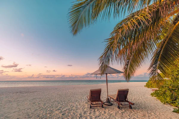 美丽的热带海滩 有雨伞和椅子 — 图库照片
