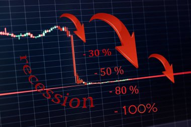 Düşen kırmızı ok yüzdesi gerileme enflasyon kırmızı kelimeler iş finans borsası ve kripto para birimi arka plan tasarımı gibi yaratıcı kriz grafiği. Kırmızı pazar kopyalama alanı