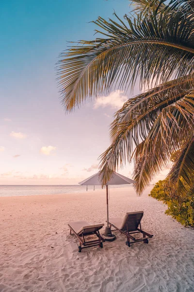 Love Couple Amazing Beach Sunny Umbrella Lounge Chairs Beds Close — Stock Photo, Image