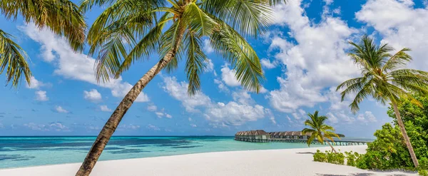 美丽的马尔代夫天堂 热带空中旅行风景 海景木桥码头 水别墅 令人惊奇的海滨天空海滩 热带岛屿自然 异国情调的目的地 最好的暑假 — 图库照片