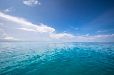 Kristal berrak deniz suyu körfezi. El değmemiş okyanus gölü güneşli bulutlu gökyüzü, huzur verici deniz manzarası. Şeffaf yüzey, egzotik seyahat. Tropiks Akdeniz Doğa Panoraması