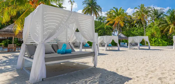 Ontspan Een Luxe Vip Strand Met Mooi Paviljoen Een Zonnige — Stockfoto