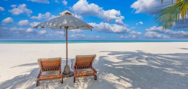 Tropik gevşeme plaj güneşli yaz adası manzarası. Romantik sahillerde aşk sandalyesi.