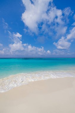 Yakın kumlu sahil, güneşli mavi deniz göğü. Panoramik plaj manzarası. Boş tropikal deniz kıyısı ve deniz manzaralı fotokopi alanı. Beyaz yumuşak kum dokusu, sakinlik, huzur veren güneş ışığı, yaz rüyası havası.