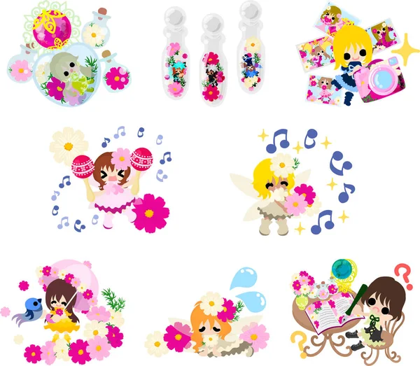 Lovely Daily Life Illustration Cute Little Flower Fairies Girls Surrounded — Stock Vector