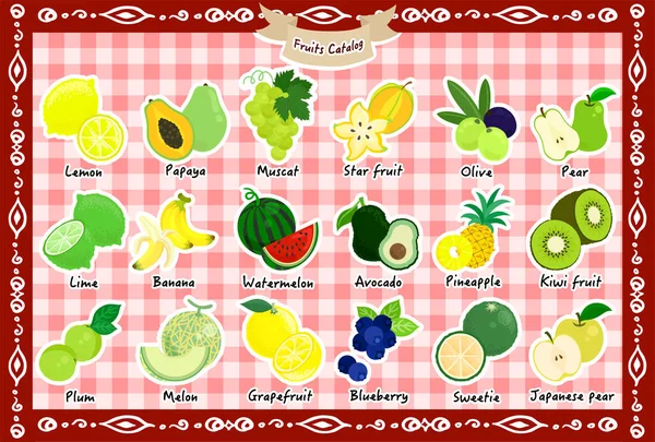 Catalogue Divers Fruits Mignons Tels Que Citron Muscat Banane Pastèque — Image vectorielle