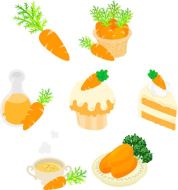 Pasta, meyve suyu, çorba ve bardak gibi çeşitli ikon havuç tabakları.