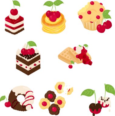 Various cute cherry sweets icons such as cake and danish and muffin and waffle and donut and cookie and chocolate