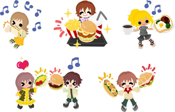 stock vector Illustrations of children enjoying interaction through delicious foods such as hamburgers and sandwiches 