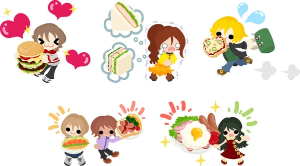 Ilustrações Crianças Desfrutando Interação Através Deliciosos Alimentos Como Hambúrgueres Sanduíches —  Vetores de Stock