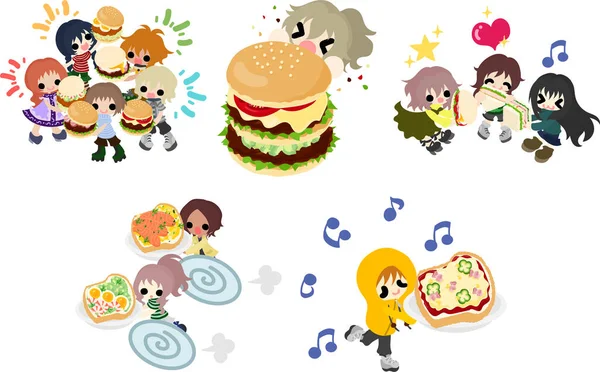 Illustrazioni Bambini Che Godono Interazione Attraverso Cibi Deliziosi Come Hamburger — Vettoriale Stock
