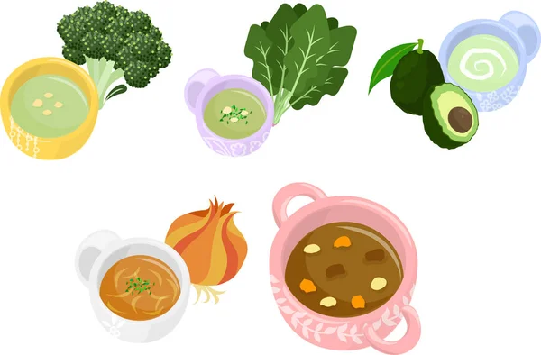 Różne Ikony Pyszne Zupy Takie Jak Brokuły Potage Szpinak Potage — Wektor stockowy