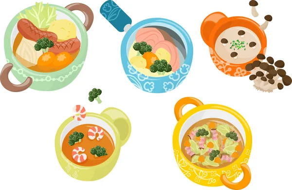 Vários Ícones Sopa Deliciosa Como Pote Feu Ensopado Salmão Shimeji — Vetor de Stock