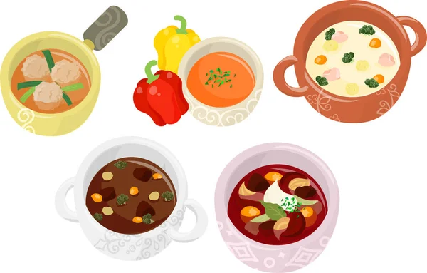Los Diversos Iconos Deliciosa Sopa Como Sopa Albóndigas Sopa Pimentón — Vector de stock