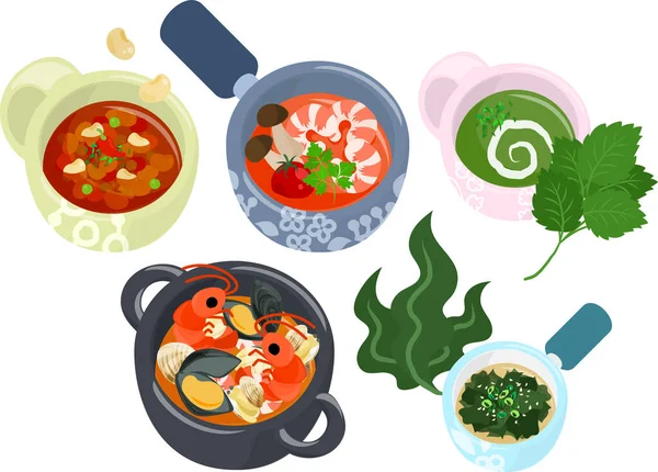 Los Diversos Iconos Sopa Deliciosa Tales Como Granos Chile Tom — Vector de stock
