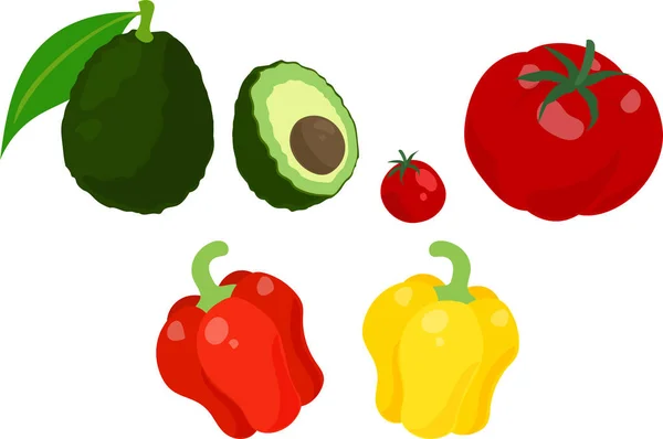 Los Iconos Lindos Varios Alimentos Como Aguacate Tomate Pimentón — Vector de stock