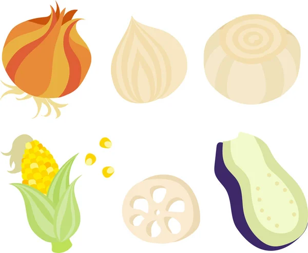 Симпатичные Иконы Различных Продуктов Питания Таких Лук Кукуруза Корень Лотоса — стоковый вектор
