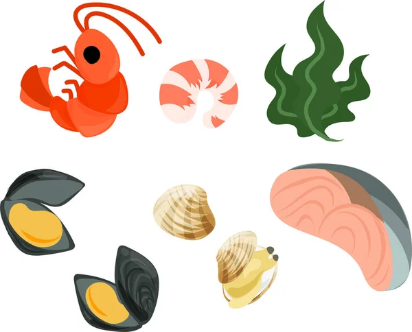 Милі Ікони Різних Продуктів Харчування Таких Креветки Водорості Мідії Молюски — стоковий вектор