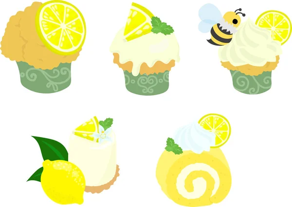 Conjunto Ícones Doces Limão Bonitos Refrescantes Como Muffin Cupcake Bolo — Vetor de Stock