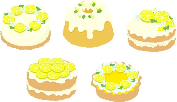 Εικονίδιο Σύνολο Από Χαριτωμένα Και Δροσιστικά Γλυκά Λεμονιού Όπως Cheesecake — Διανυσματικό Αρχείο