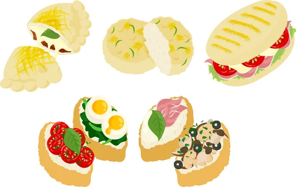 Διάφορες Εικόνες Από Νόστιμα Ιταλικά Ψωμιά Όπως Calzone Και Focaccia — Διανυσματικό Αρχείο