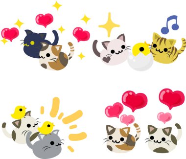 Oyuncak hayvanlara benzeyen sevimli kedilerin günlük hayat çizimleri..