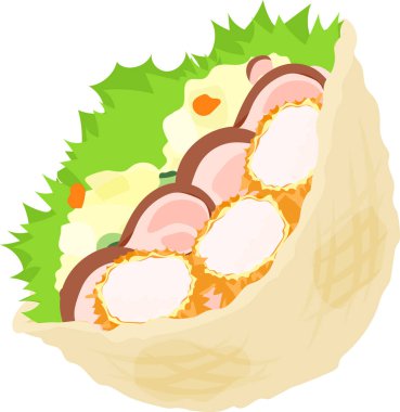 Lezzetli ve tatlı pita sandviçin simgesi kızarmış karides, patates salatası ve jambon.