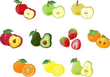 Elma, yeşil elma, armut, avokado, çilek, hurma, hurma, hurma, portakal ve greyfurt gibi çeşitli meyvelerden oluşan renkli ikon seti.