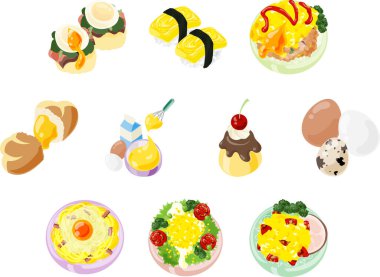 Klasik tariflerden tatlılara kadar çeşitli yumurta yemeği ikonları.. 