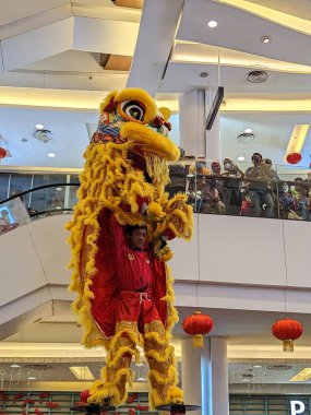 Tangerang Selatan, Endonezya - 20 Ocak 2023 AVM 'de aslan dansı gösterisi.