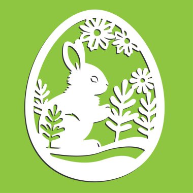 Tavşanlı ve çiçekli Paskalya yumurtası tasarımı. Paskalya tavşanı lazer kesme makinesi için şablon kes.