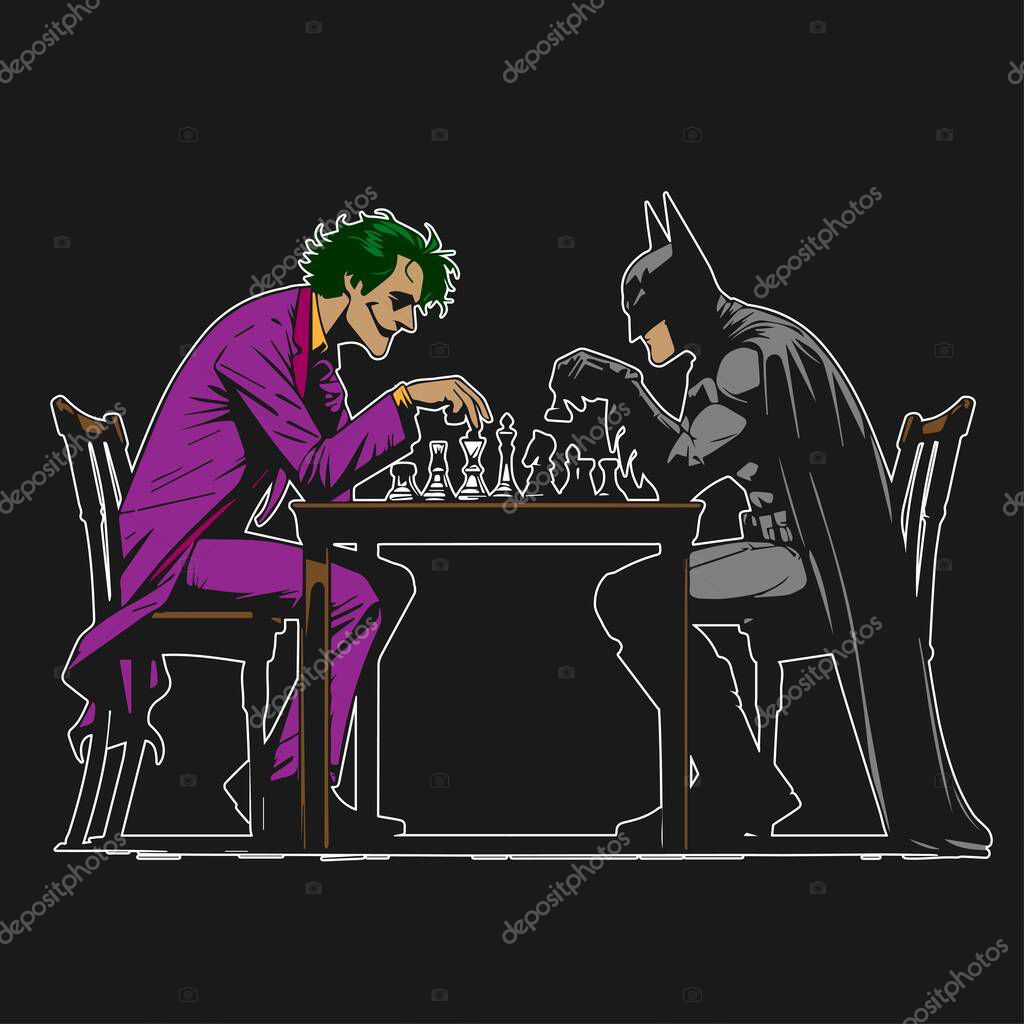 Joker and Batman sitting at the table and playing chess, color flat vector illustration on transparent background