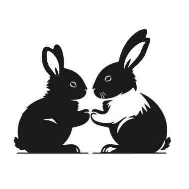 Beyaz arka planda iki tavşan, Paskalya tasarımları, hayvan temalı baskılar, çocuk kitapları, tebrik kartları veya logo kavramları için izole edilmiş vektör çizimi