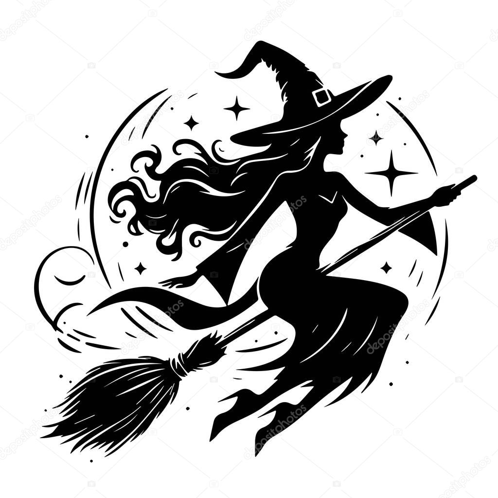 Witch in a hat flies on a broom, for Halloween holiday, silhouette isolated vector illustration