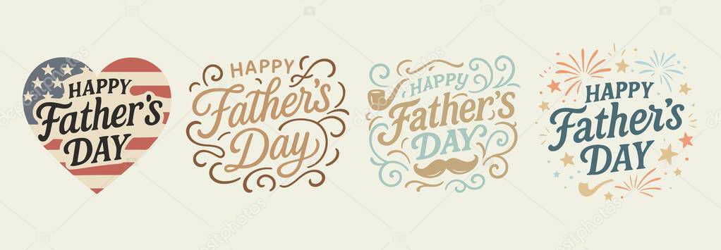 Happy Fathers Day greeting inscriptions set with swirls, fireworks and mens attributes, isolated vector illustration