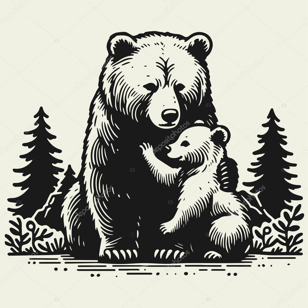 She-bear with a cub on a forest background, wild animal with her cub, monochrome isolated vector illustration on a light background