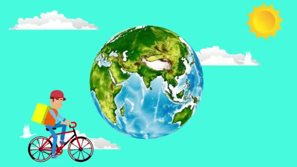 Passeio Ciclista Globo Terrestre Animação Conceito Viagem Engraçado — Vídeo de Stock