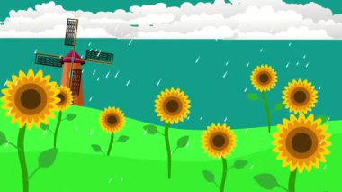 Güneş ve ayçiçekleri, yağmur 2D çizgi film animasyonu.