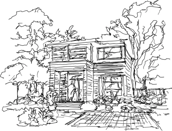 Ručně Kreslený Architektonický Náčrt Krásné Moderní Samostatně Stojící Vesnický Dům — Stockový vektor