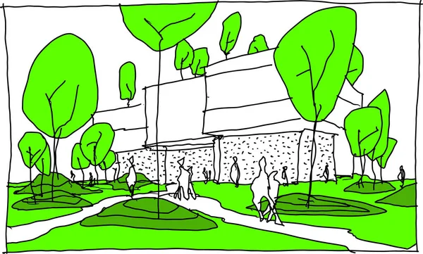 一幅现代建筑的手绘建筑草图 周围有许多树木和绿地 还有许多人在走动 — 图库矢量图片