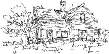hand drawn architectural sketch of beautiful old classic detached village house with garden  and trees and lots of weed