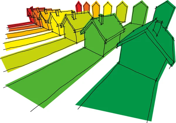 7つのエネルギー評価図の7つのエネルギークラスで認定された7つの家の手描きのイラスト — ストックベクタ
