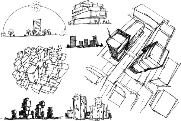 Molti Schizzi Architettonici Disegnati Mano Architettura Moderna Idee Urbane Edifici — Vettoriale Stock