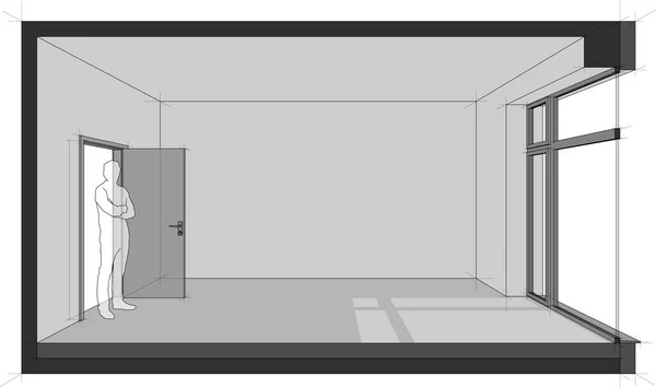 Schéma Prázdné Místnosti Dveřmi Vysokým Oknem Stojící Muž Otevřených Dveřích — Stockový vektor