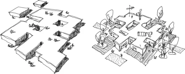 Dvě Ručně Kreslené Kresby Moderní Abstraktní Bytové Architektury Lidmi Stromy — Stockový vektor