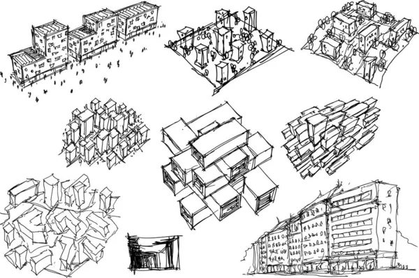 Muitos Esboços Arquitetônicos Desenhados Mão Arquitetura Ideias Urbanas Edifícios Pessoas — Vetor de Stock
