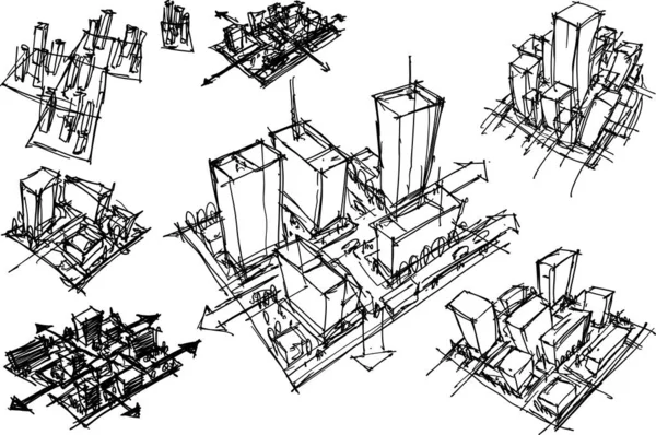 손으로 도시의 아이디어와 도시의 그리고 도시의 일부의 스케치 — 스톡 벡터