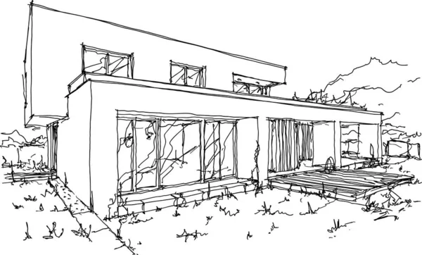 Ručně Kreslené Architektonické Skicy Moderního Dvoupodlažního Samostatně Stojící Dům Plochou — Stockový vektor