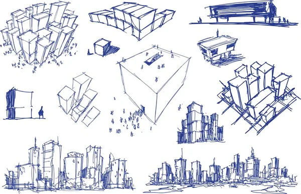 Kézzel Rajzolt Építészeti Vázlatok Városi Ötletekről Városszerkezetekről Városrészek Építészet Fantasztikus — Stock Vector
